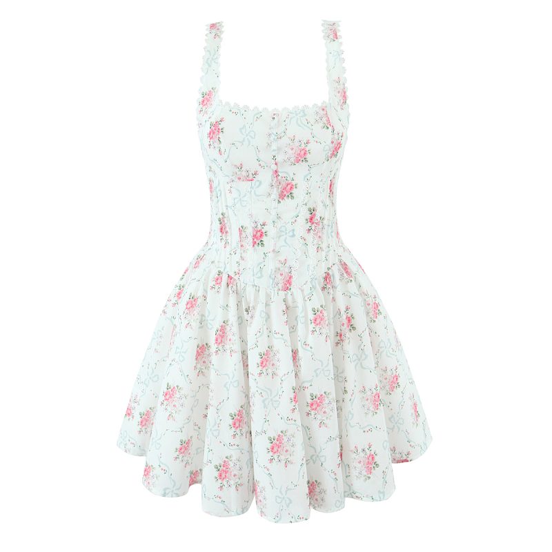 Sweet Rose Print Bow Lace Slip Dress - Image 3