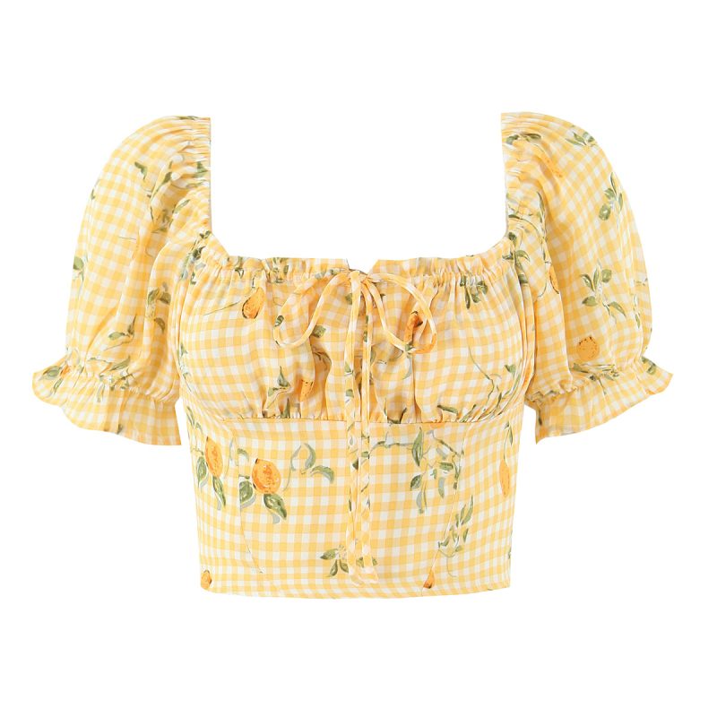 Lace-Up Floral Puff Sleeve French Top Women
