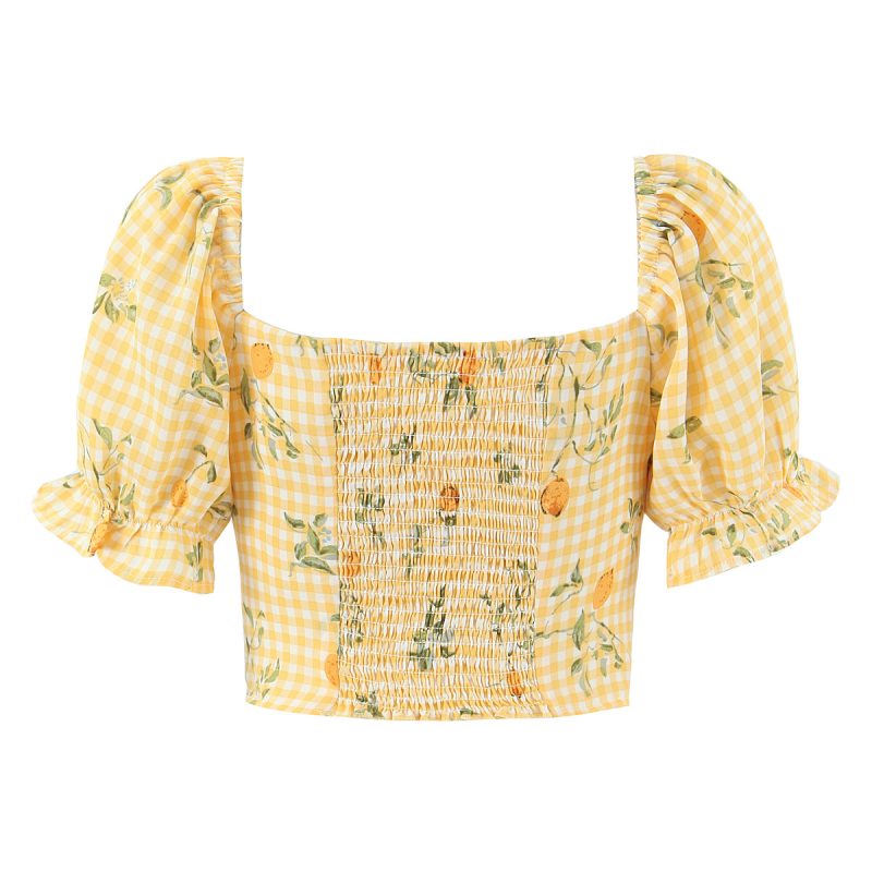 Lace-Up Floral Puff Sleeve French Top Women - Image 2