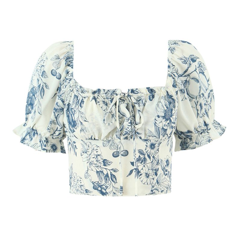 Lace-Up Floral Puff Sleeve French Top Women - Image 3