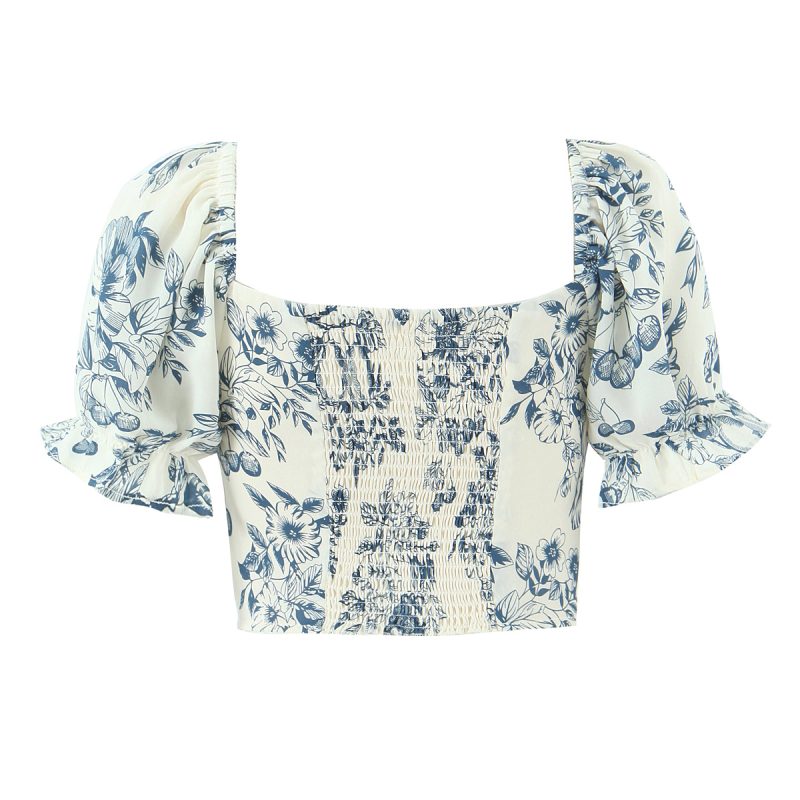Lace-Up Floral Puff Sleeve French Top Women - Image 4
