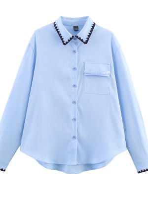Autumn Blue Shell Button Loose Shirt Women