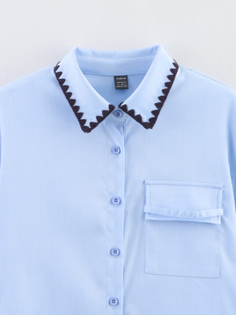 Autumn Blue Shell Button Loose Shirt Women - Image 2