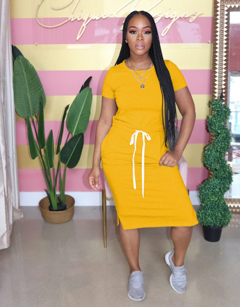 Basic Short Sleeve Elastic Waist Midi Dress - Image 2