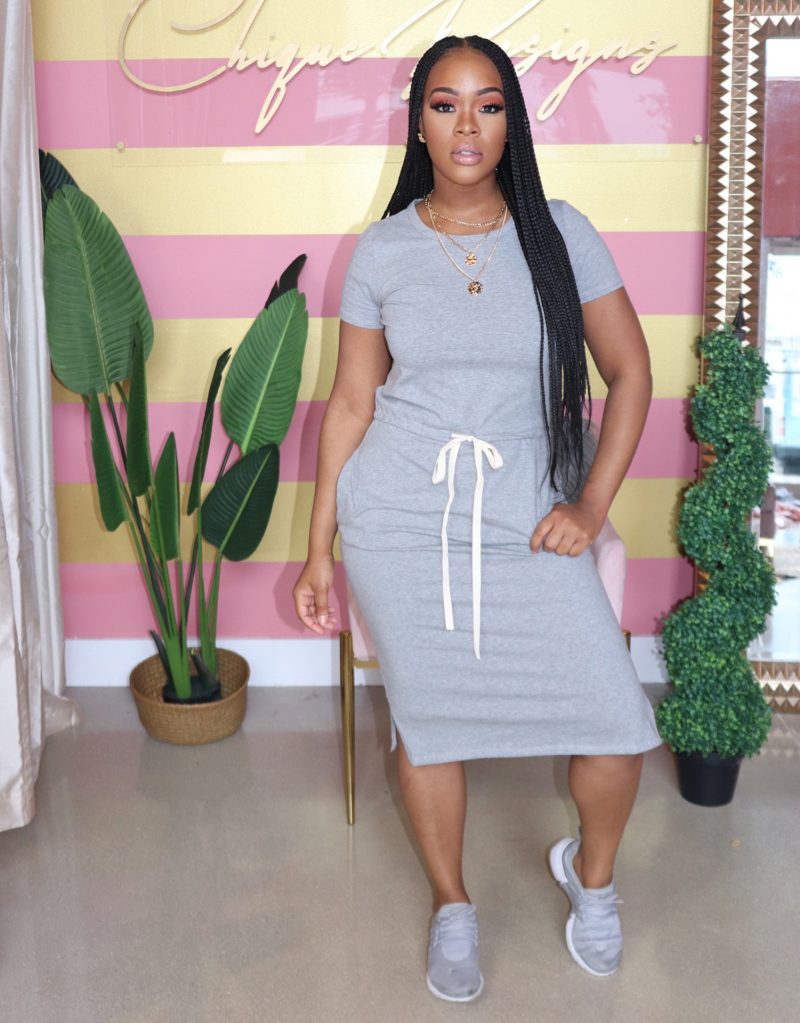 Basic Short Sleeve Elastic Waist Midi Dress
