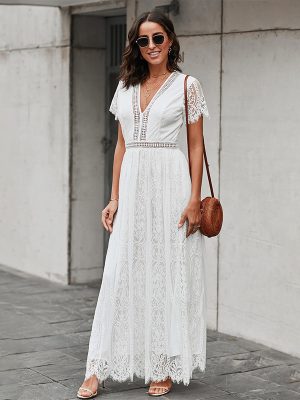 High Waist Lace Ruffled Solid Color Dress