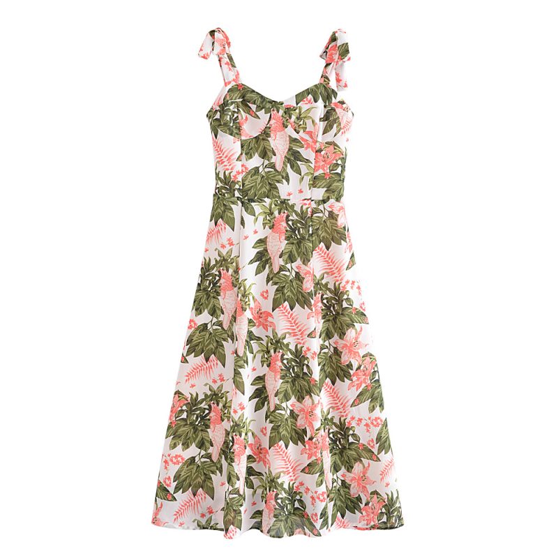 Slim Fit Printed Lace-Up Bow Strap Dress - Image 2