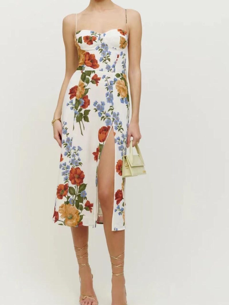 Floral High Waist Spring Dress with Split Hem