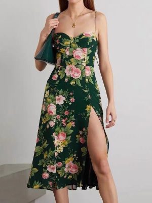 Floral Print High Waist Spring Strap Dress