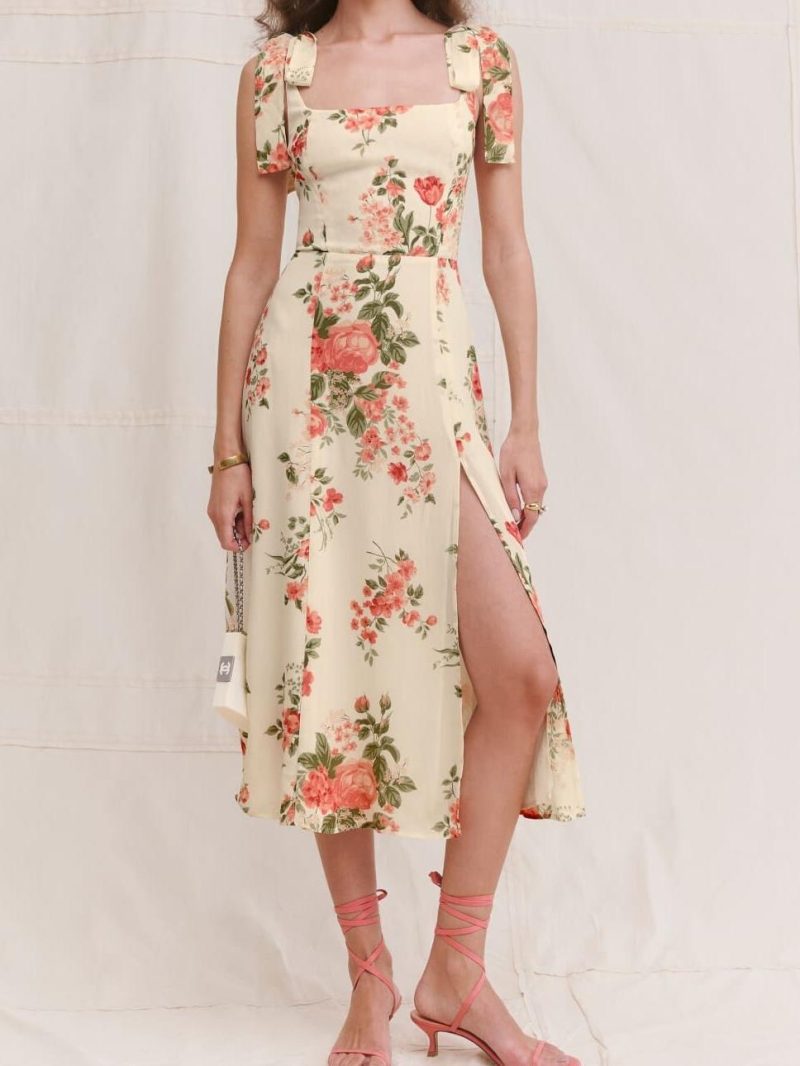 Tie Strap Floral Slim Fit Split Cami Dress
