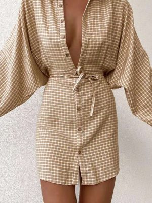 Women's Cotton Linen Plaid Shirt Dress Fall