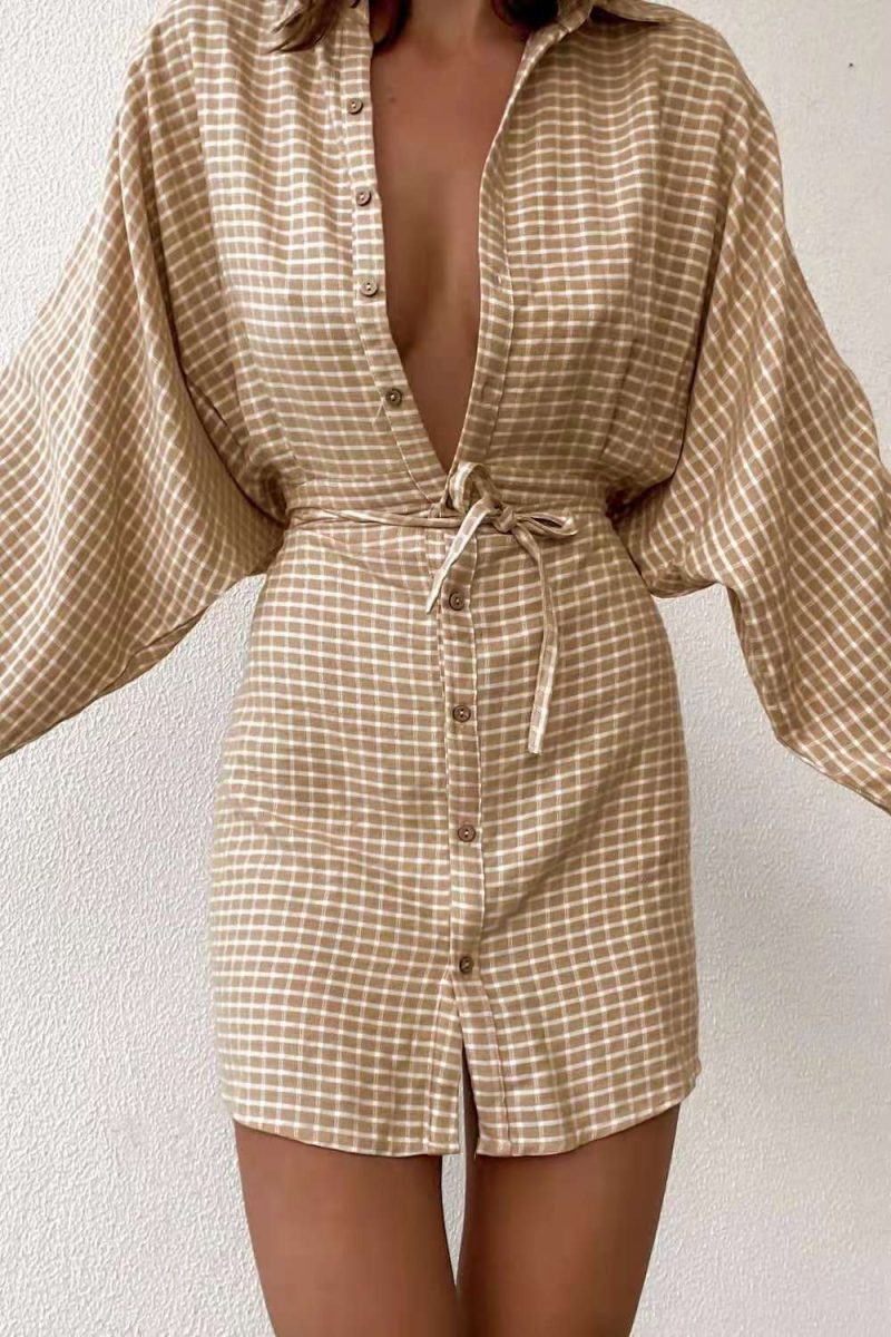 Women's Cotton Linen Plaid Shirt Dress Fall