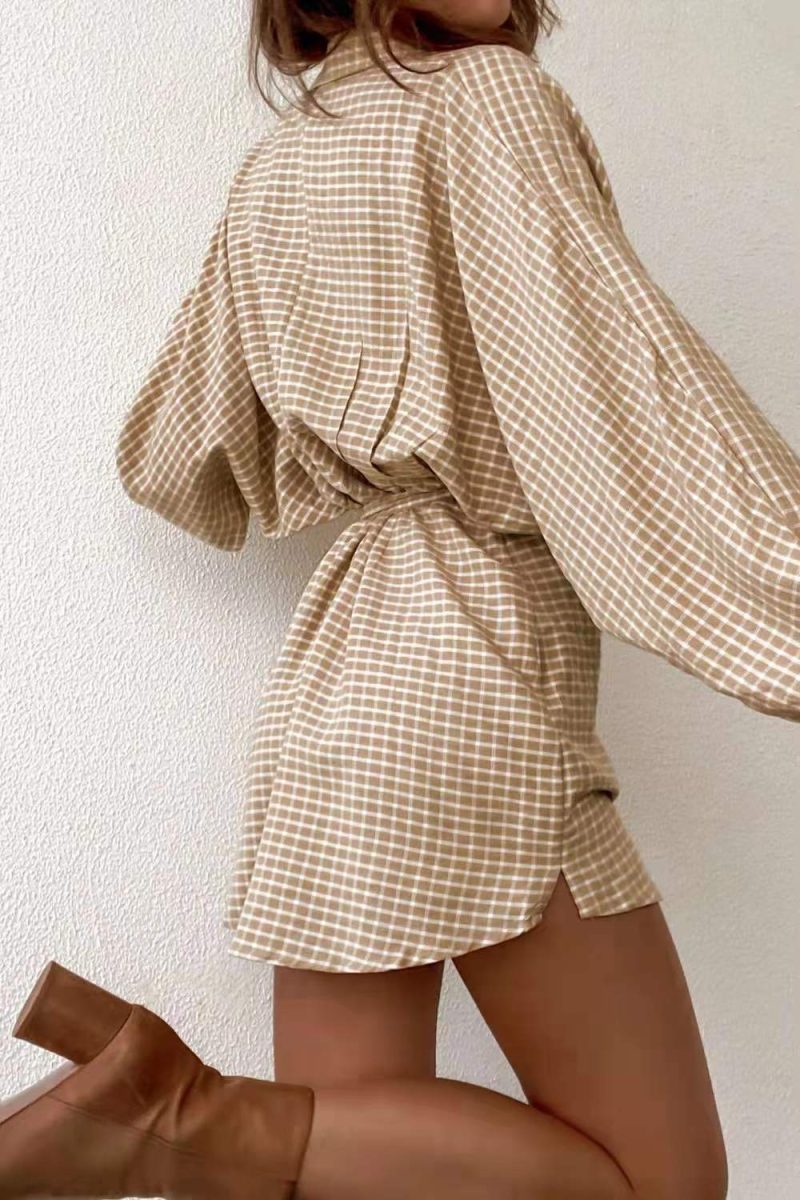 Women's Cotton Linen Plaid Shirt Dress Fall - Image 2