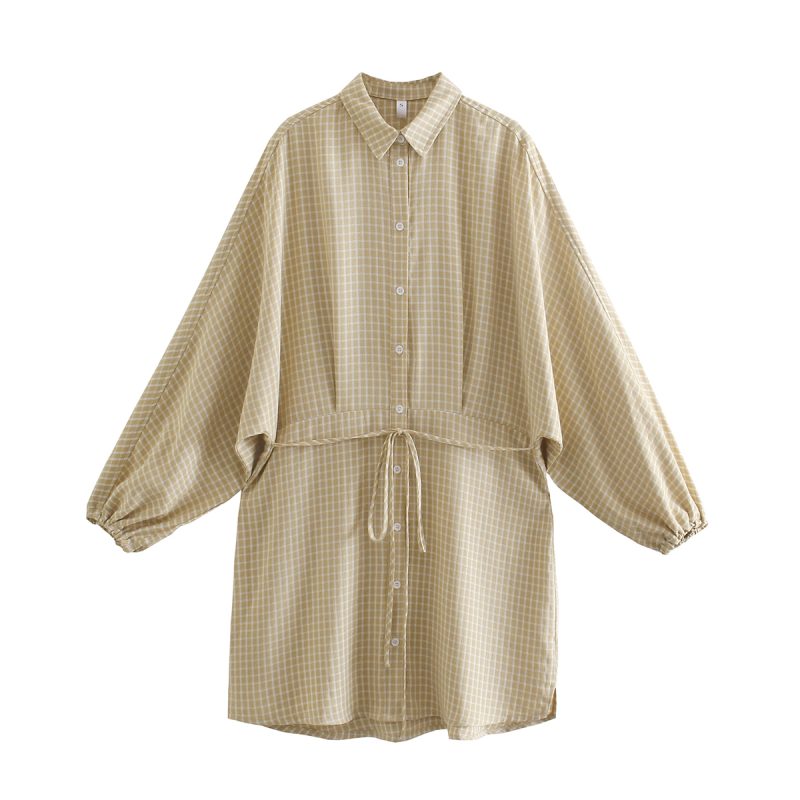 Women's Cotton Linen Plaid Shirt Dress Fall - Image 4