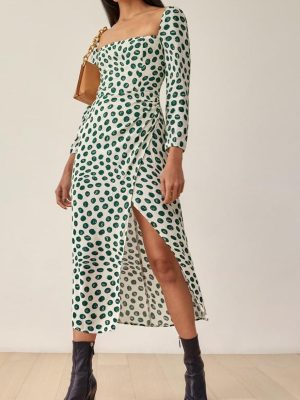 Green Floral Square Neck Puff Sleeve Dress