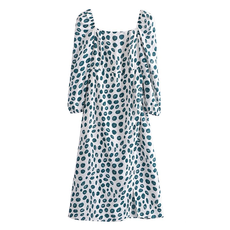 Green Floral Square Neck Puff Sleeve Dress - Image 2