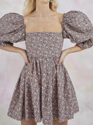 Early Spring French Puff Sleeve Floral Dress