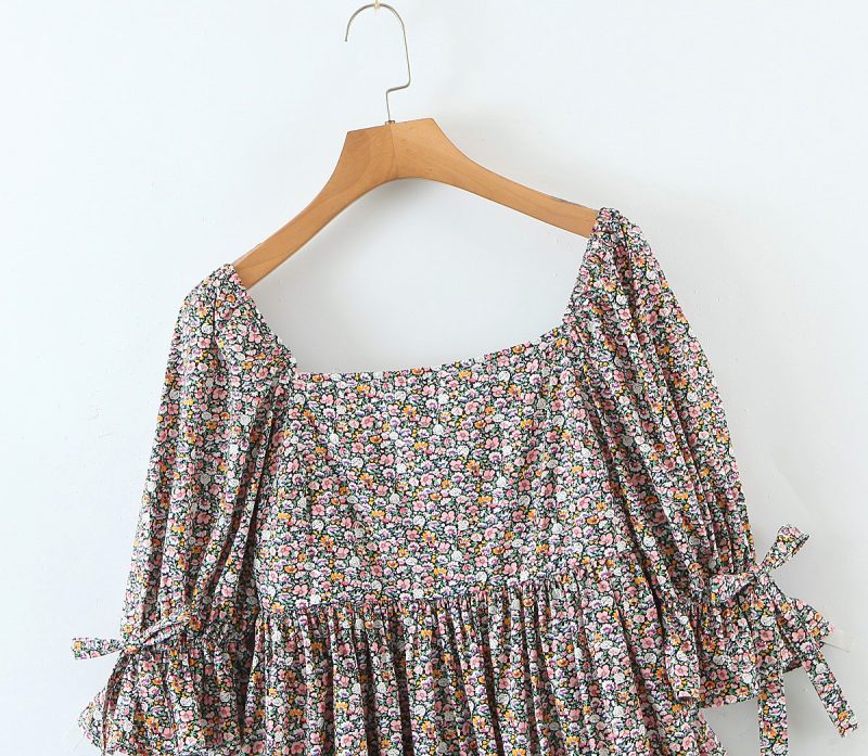 Early Spring French Puff Sleeve Floral Dress - Image 3