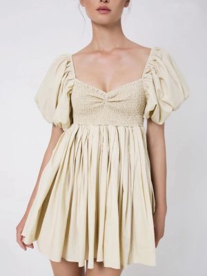 French Retro Puff Sleeve V-Neck Dress