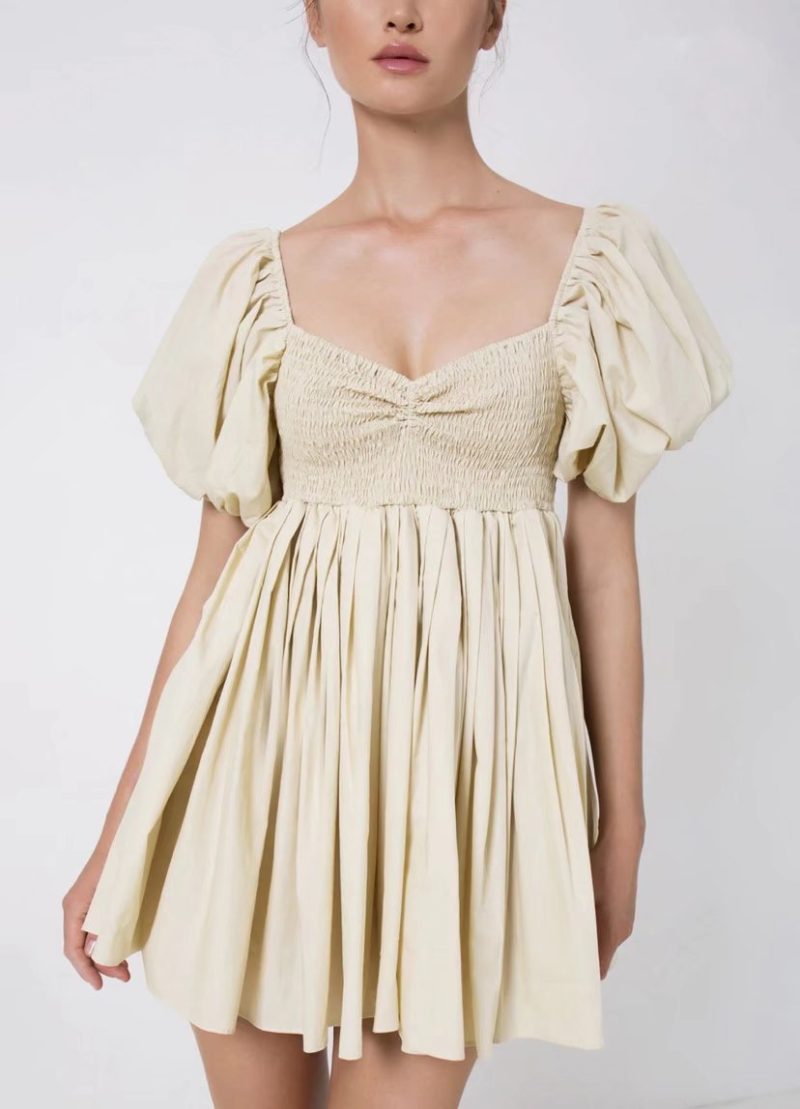 French Retro Puff Sleeve V-Neck Dress