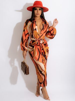 Waist Defined Printed Dress – Women’s Autumn
