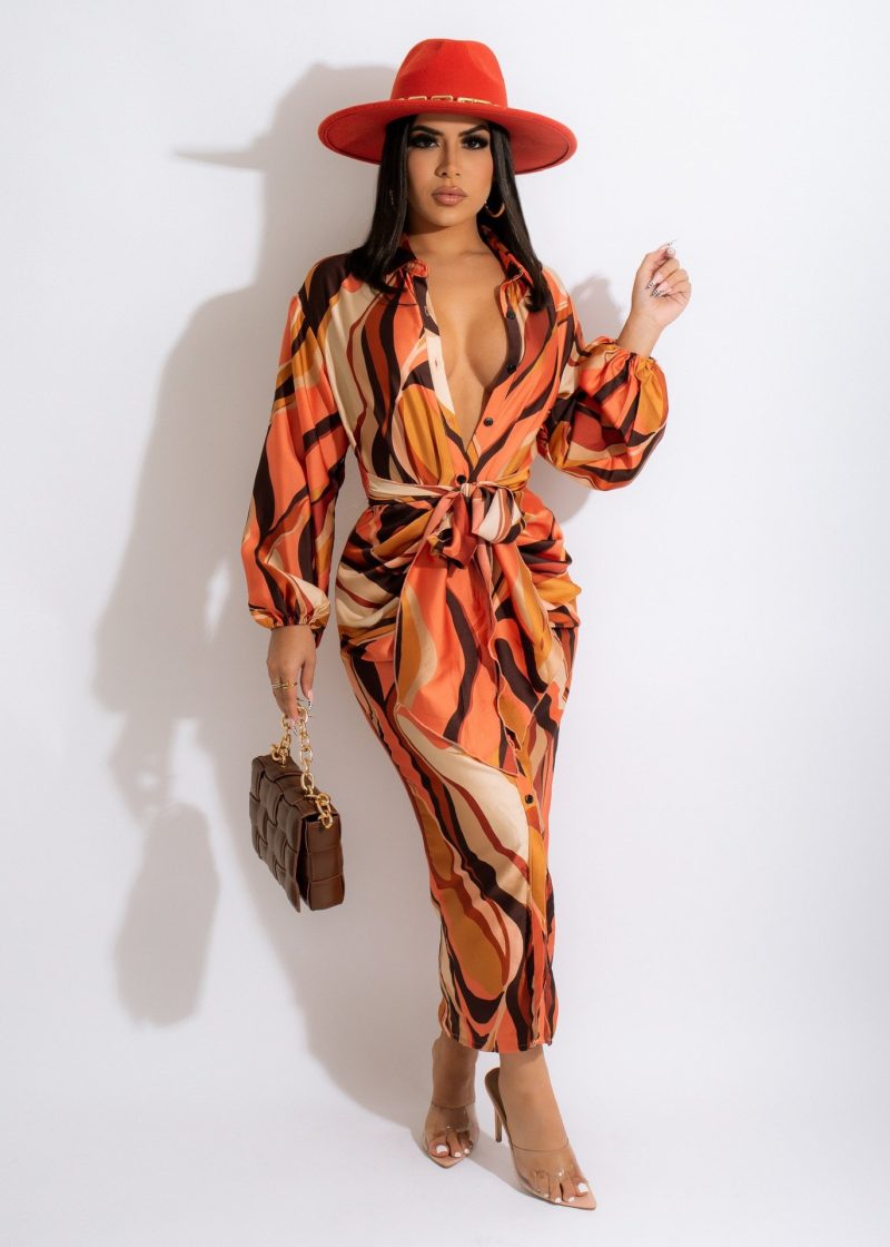 Waist Defined Printed Dress – Women’s Autumn