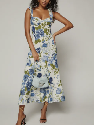 Floral Lace-Up Bow Strap Midi Dress