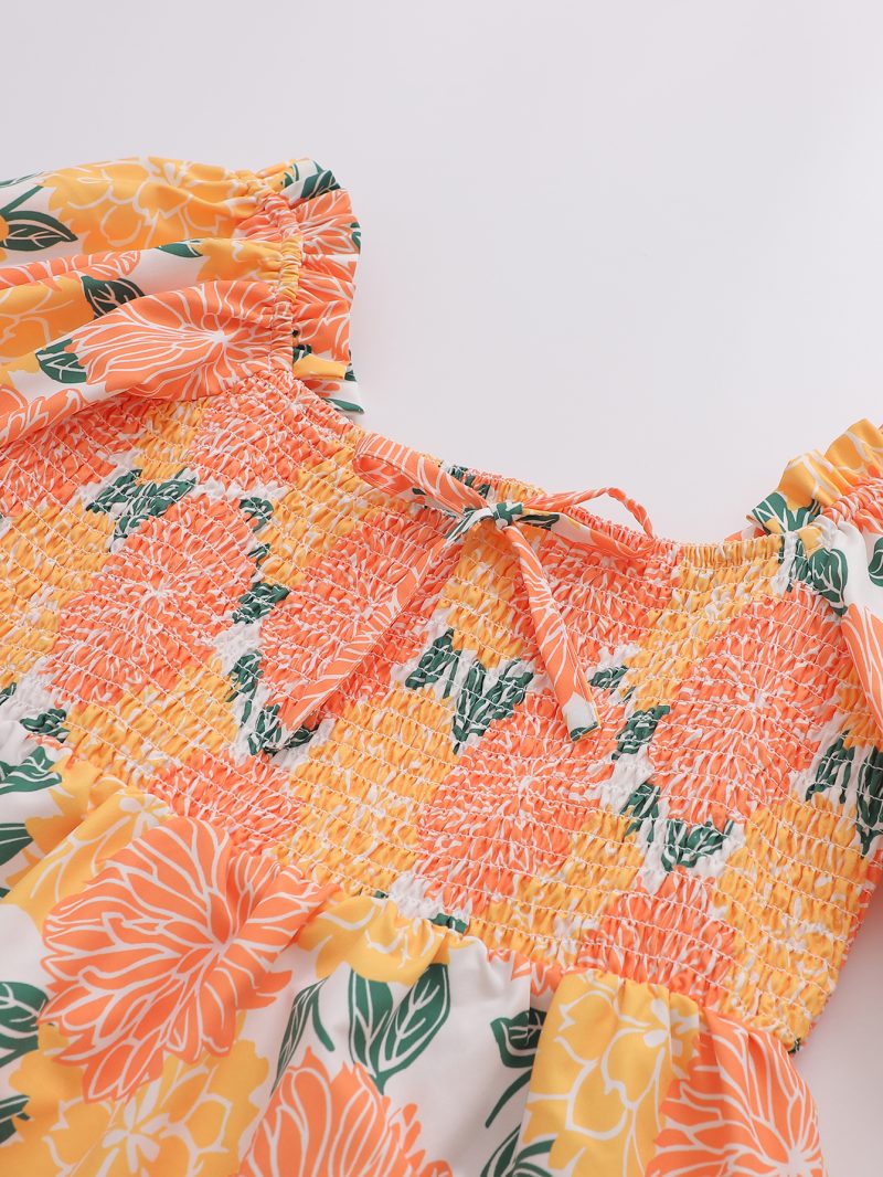 Summer Printed Lace-Up Smocked Waist Dress - Image 4