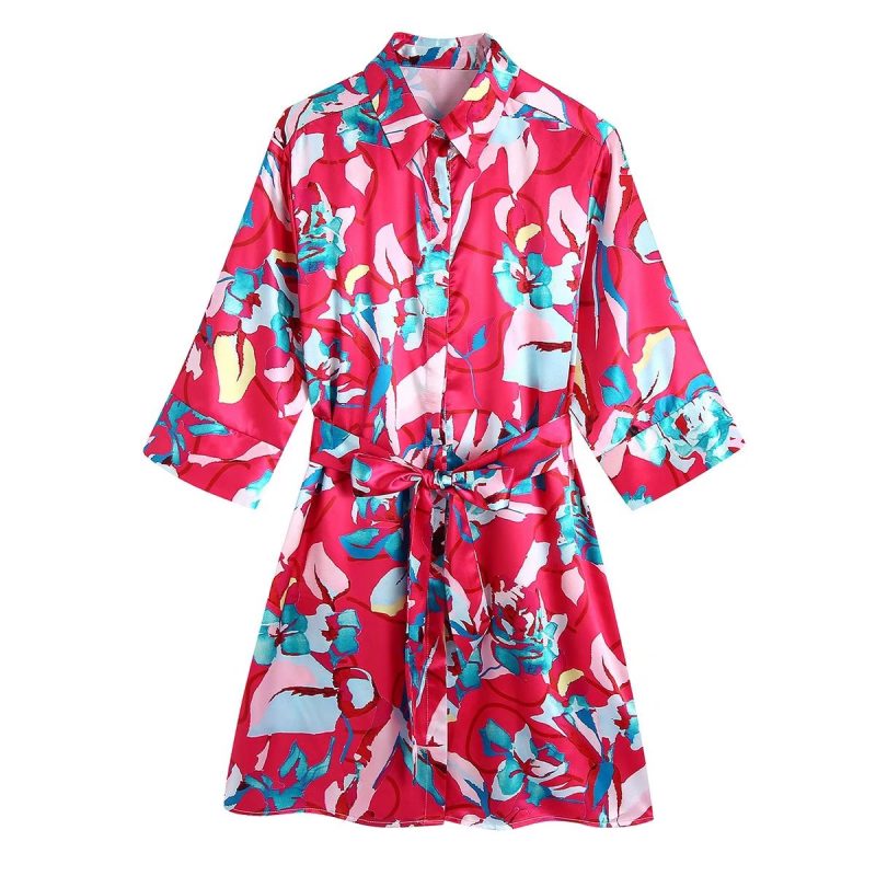 Summer Floral Printed Mid-Length Shirt Dress Women - Image 2