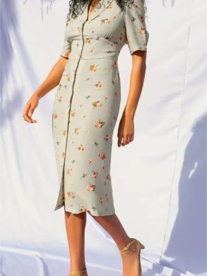 Elegant Pastoral Print Collared Midi Dress Women