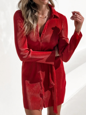 Collared Button Pleated Water Ripple Shirt Dress