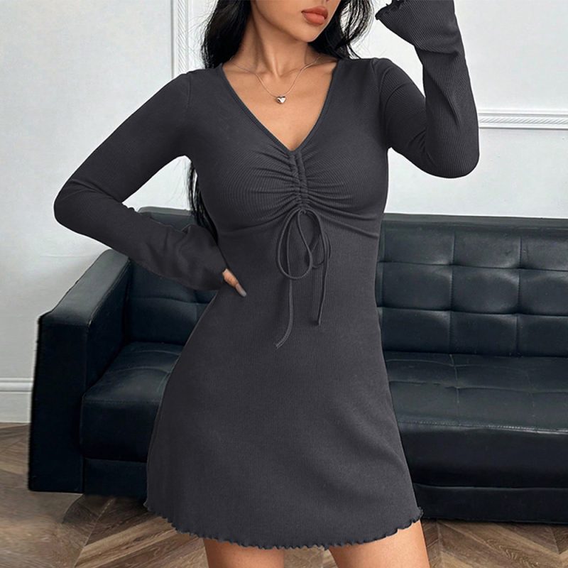 Elegant V-Neck Fitted Waist Long Sleeve Dress - Image 2