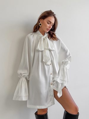 Women's White Satin Long Sleeve Casual Dress