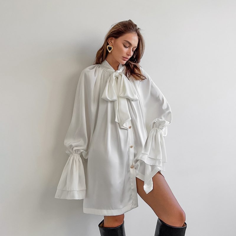 Women's White Satin Long Sleeve Casual Dress