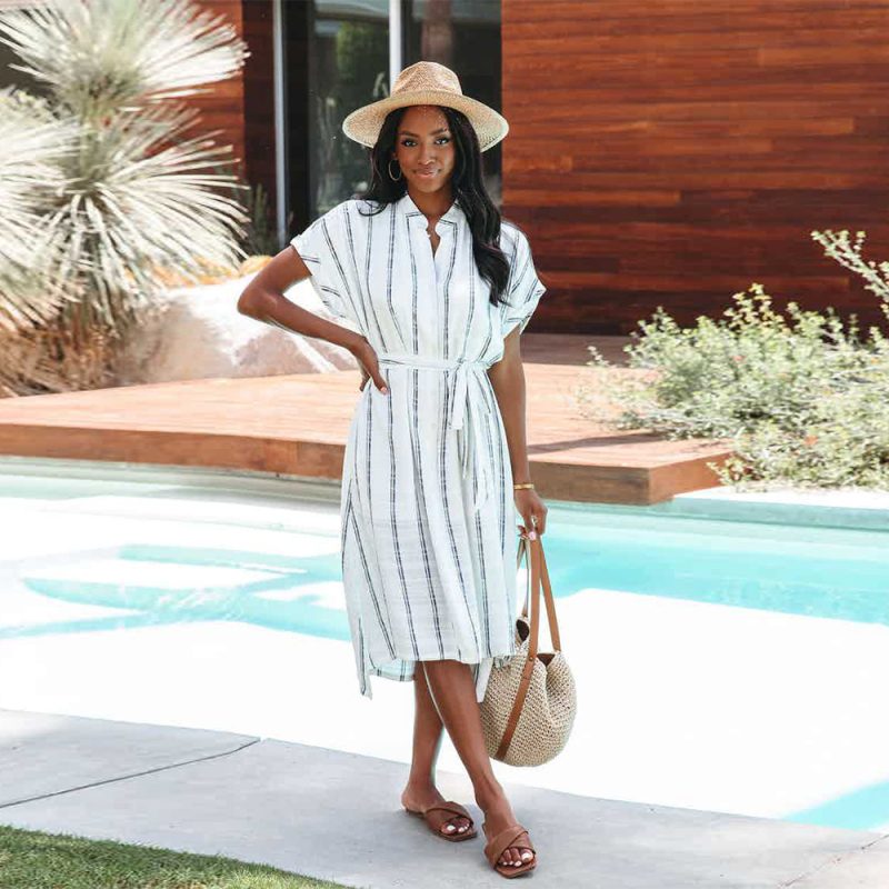 Casual Striped Button Front Summer Shirt Dress