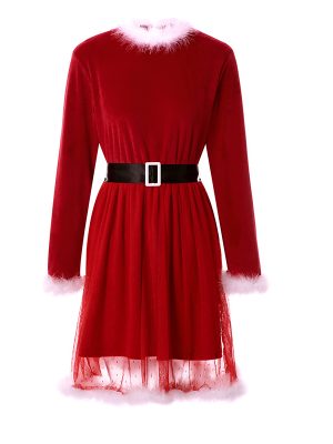 Red Mesh Cinched Christmas Festival Dress