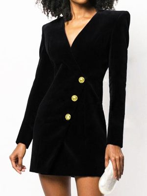 Velvet V-Neck Slim Fit Buttoned Dress Coat