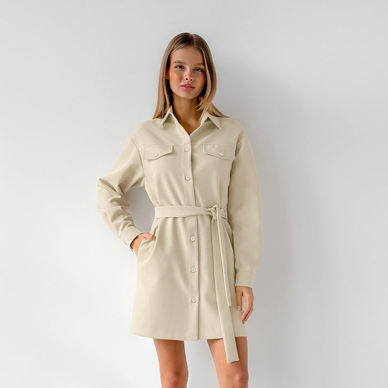 Office Khaki Belted Drop Shoulder Dress Women - Image 2