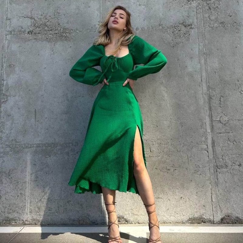 French Cotton Slit Midi Dress with Square Neck - Image 4