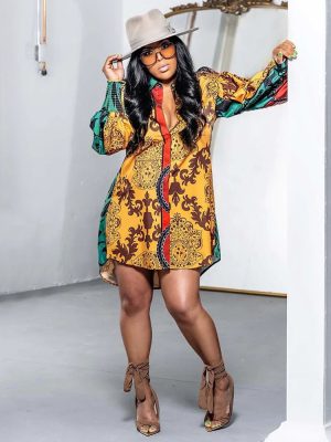 Printed Long Sleeve Casual Shirt Dress Top
