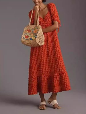 Elegant French Vacation Dress with Bubble Sleeves