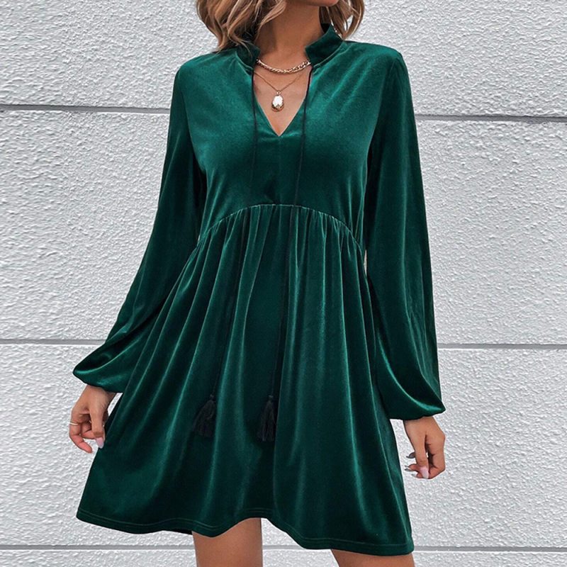 Autumn Winter Velvet Puff Sleeve Maxi Dress - Image 4