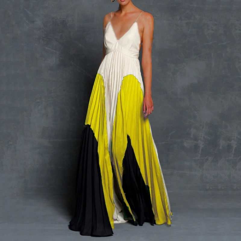 Colorblock Pleated Slim Fit Cami Maxi Dress - Image 2