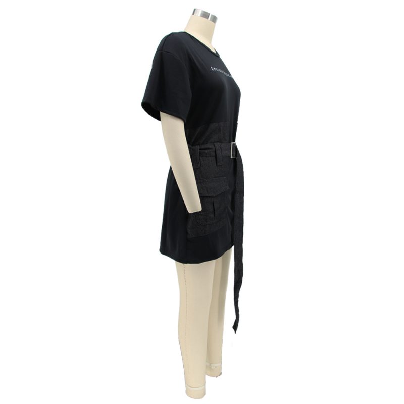 Summer Denim Stitching Dress with Cinched Waist - Image 4