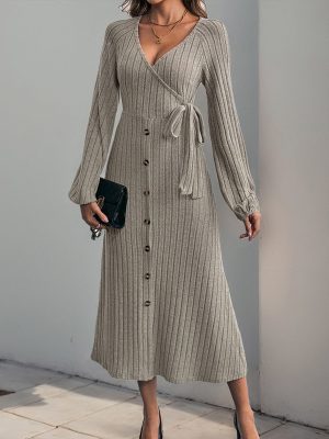 Solid Color Knitted Sweater Dress with Button Details