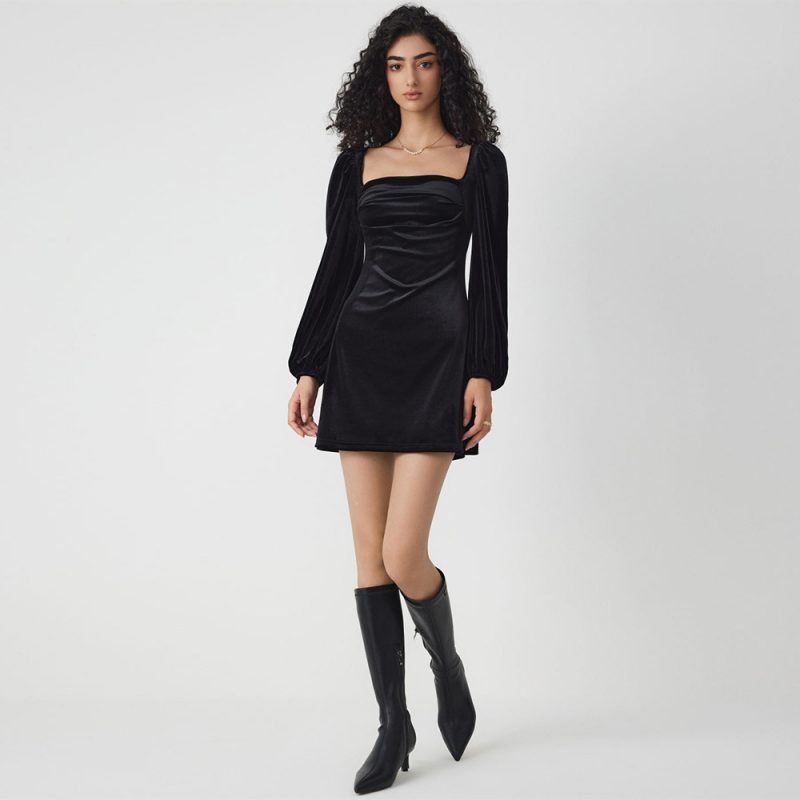 Velvet Square Neck Slim Swing Party Dress