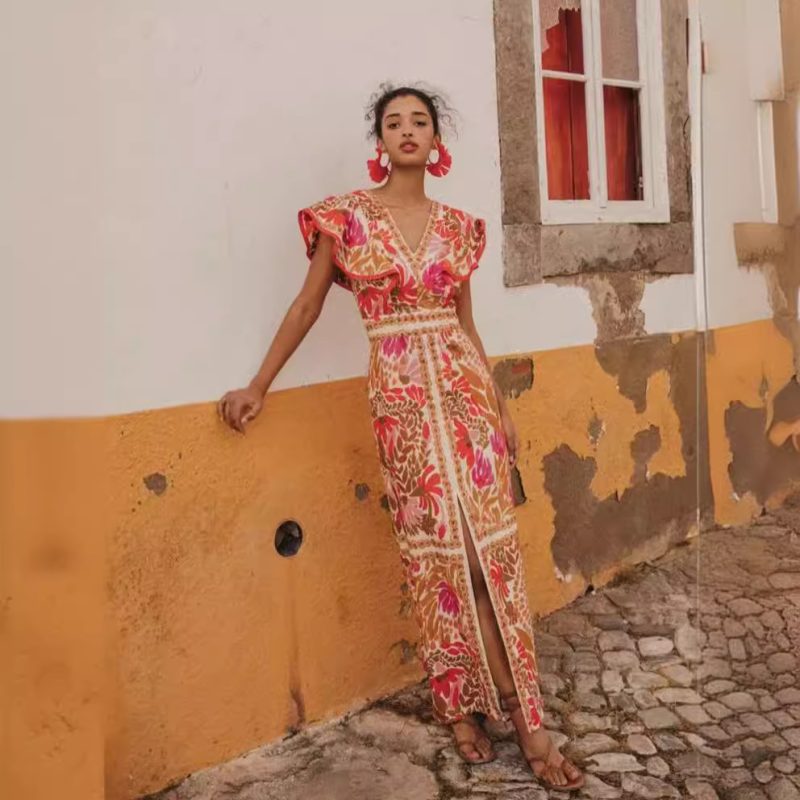 Floral V-Neck Flounce Dress with Slit - Image 2