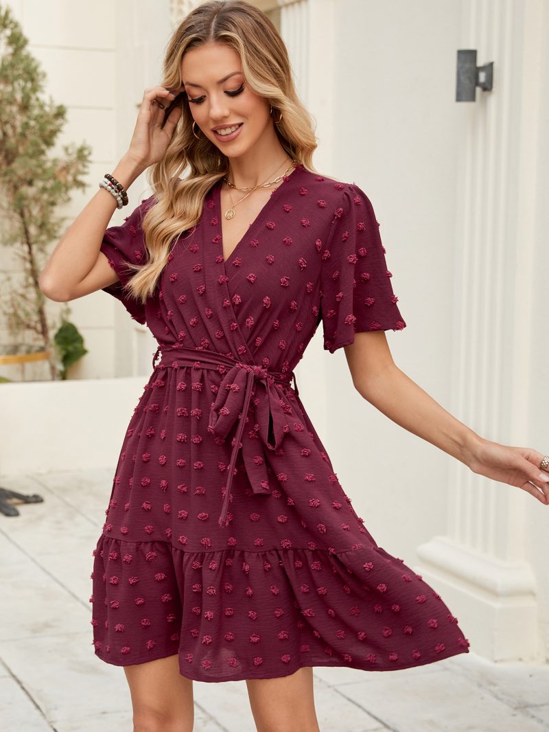 Ruffled V-Neck Lace Up Summer Dress with Fur Balls - Image 2