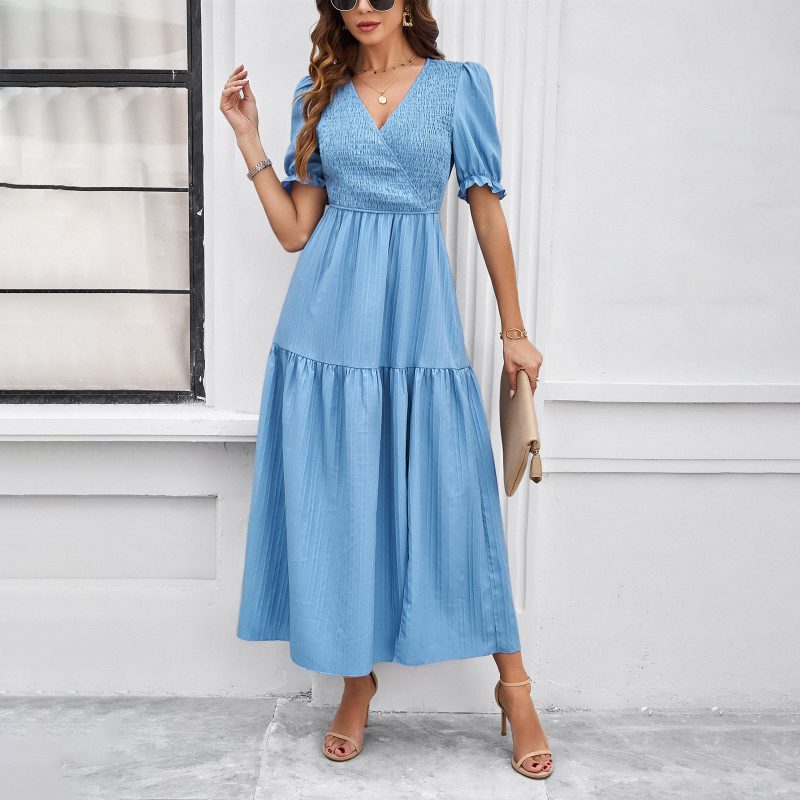 Spring Summer V-Neck Solid Swing Dress Women - Image 2