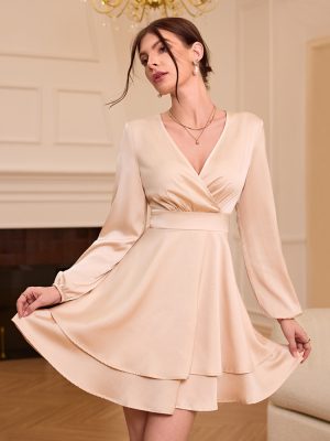 Elegant Satin V-Neck Lantern Sleeve Dress